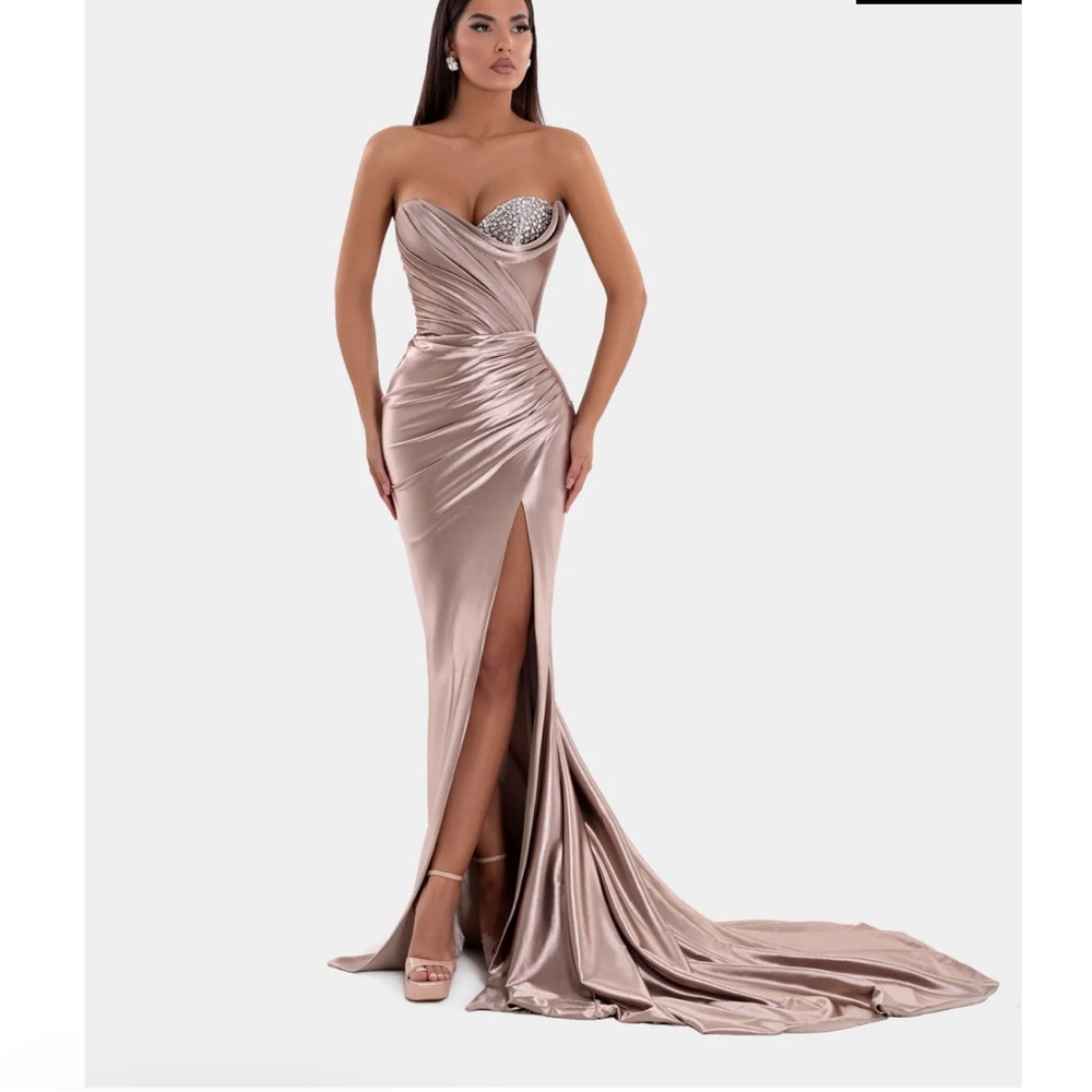 Albina Dyla Glamorous Strapless Satin Champagne Gown with Silver Details